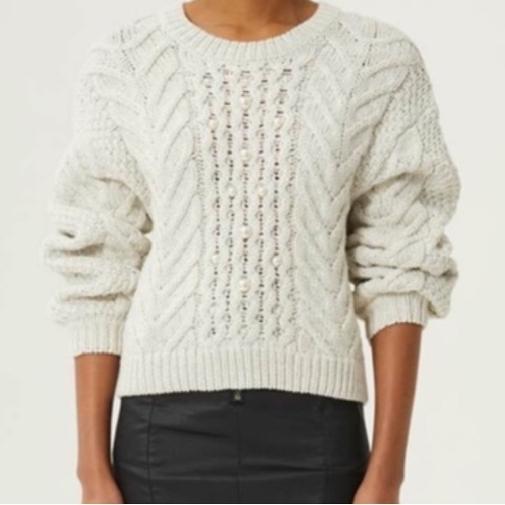 Rebecca Minkoff cream chunky cable open knit Blake Sweater With Pearls size L